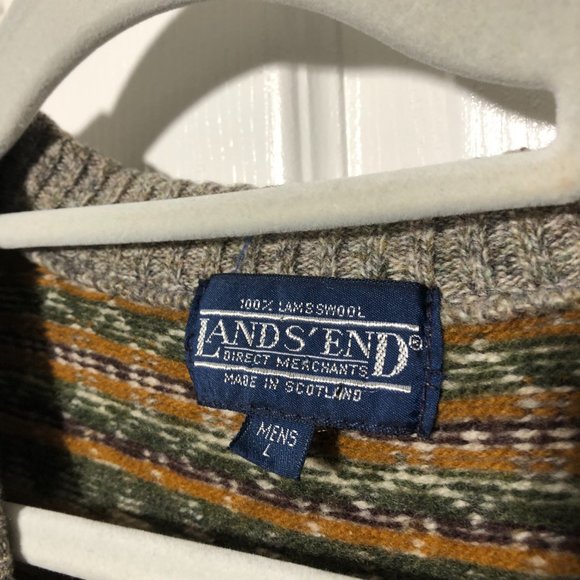 LANDS' END 100% Scottish lambswool beigy print grandpa sleeveless sweater, L - Picture 3 of 9